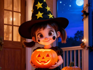 Ellie, déguisée en petite sorcière avec un chapeau pointu à étoiles, tient une citrouille d'Halloween allumée devant une maison, un soir de pleine lune.