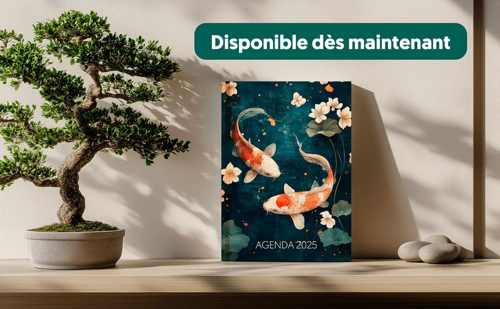 Agenda journaliser 2025 illustration Carps Koi posé sur une étagère