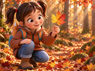 Ellie, en manteau et bottes avec son sac à dos, est accroupie dans une forêt d'automne et admire une feuille rouge et orangée.