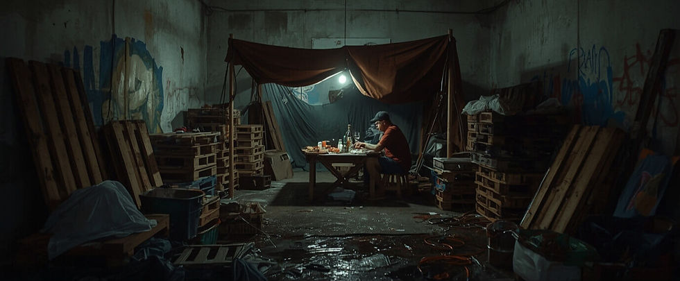 Sobrevivencialista construindo um abrigo improvisado com pallets e lona em um beco urbano colapsado.