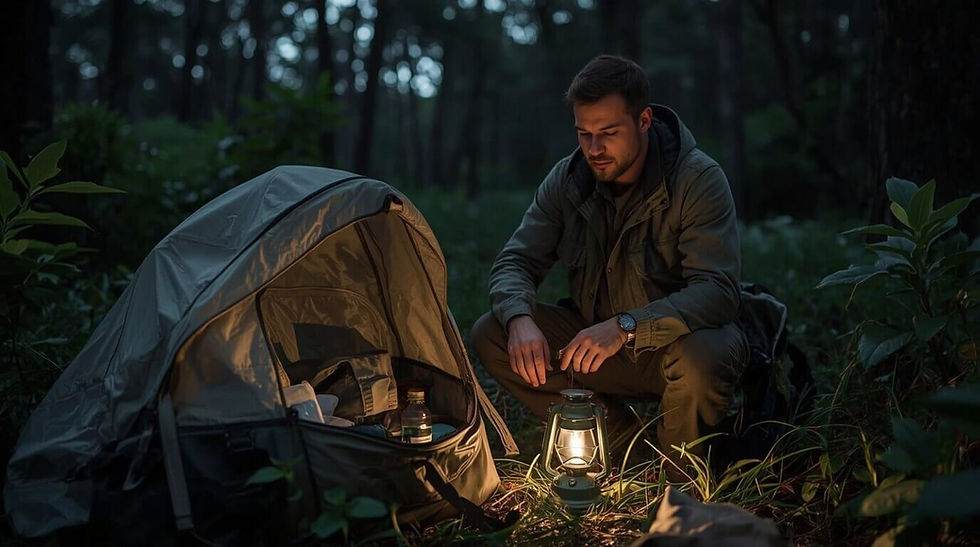 Sobrevivencialista montando um Bug Out Bag com itens essenciais em uma floresta ao amanhecer.