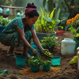 Sobrevivencialista colhendo vegetais em um jardim de sobrevivência ao entardecer.