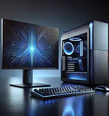 DALL·E 2024-12-20 17.54.30 - A modern, sleek computer in dark blue tones, featuring a futu