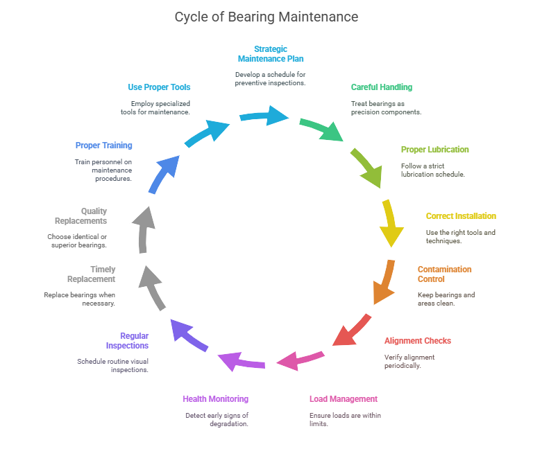 Diagram illustrating the cycle of bearing maintenance, including inspection, lubrication, monitoring, and replacement steps.