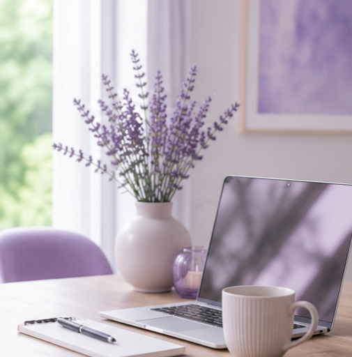 Lavender in a white vase on a desk with a laptop and mug.
