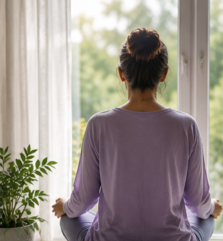 Woman in a purple shirt meditating by a bright window.