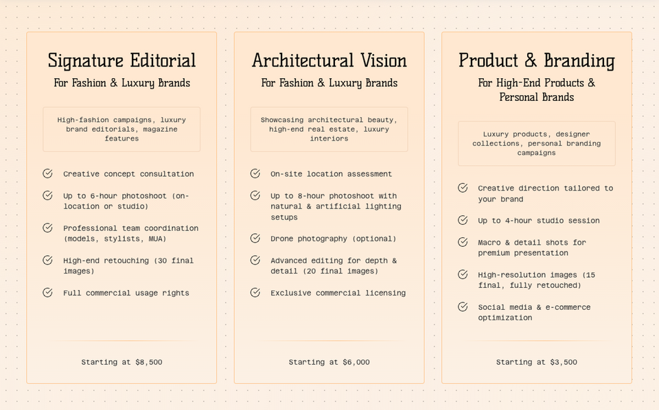 Editorial Architectural Vision Product & Services for Luxury Brands. Starting at $0.00.