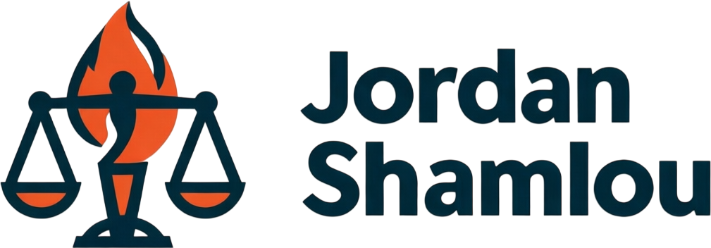 Jordan Shamlou logo with scales of justice and flame