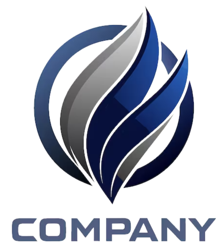 Abstract logo design with blue and gray flame COMPANY text background