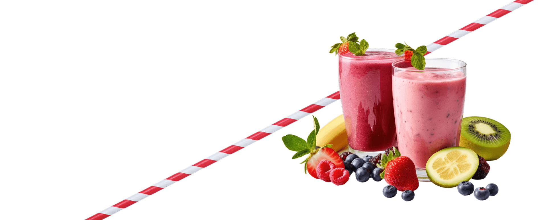 Two fruit smoothies with straws and mixed fruits, beverage shop concept.
