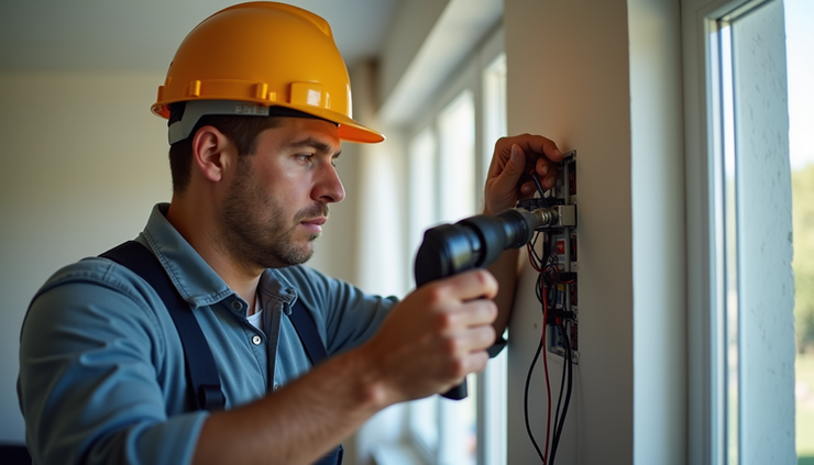 Eye-level view of an electrician working on residential wiring inside a Northern Nevada home