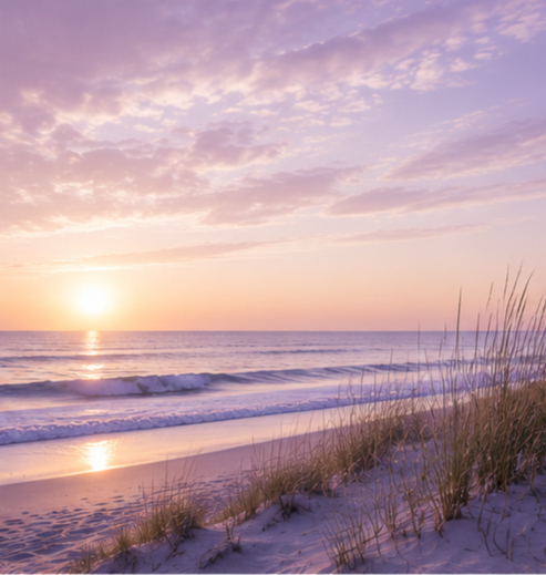 Sunrise over a calm beach with purple sky and sea grass.