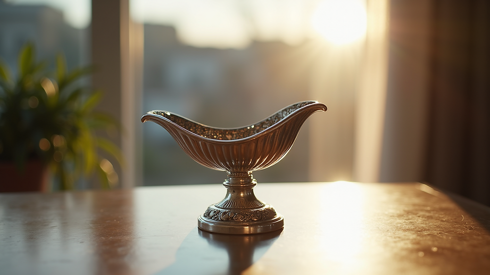 Eye-level view of a silver-plated decorative item