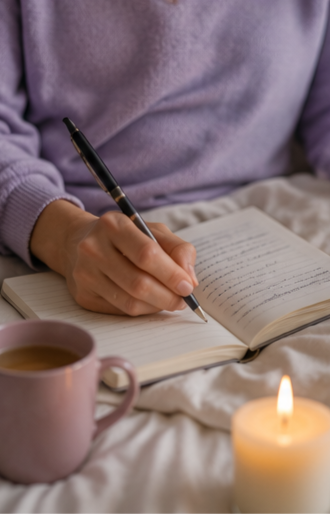 Person writing in a journal with coffee and a candle.