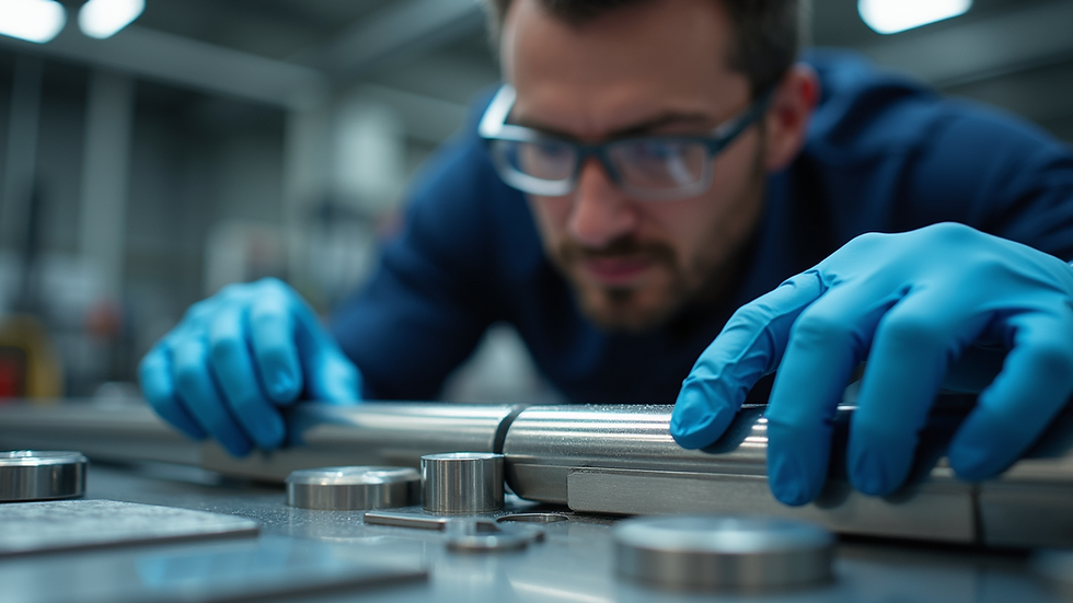 Eye-level view of a technician inspecting passivated stainless steel parts