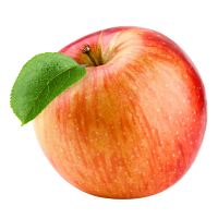 A ripe red apple with a green leaf against black background