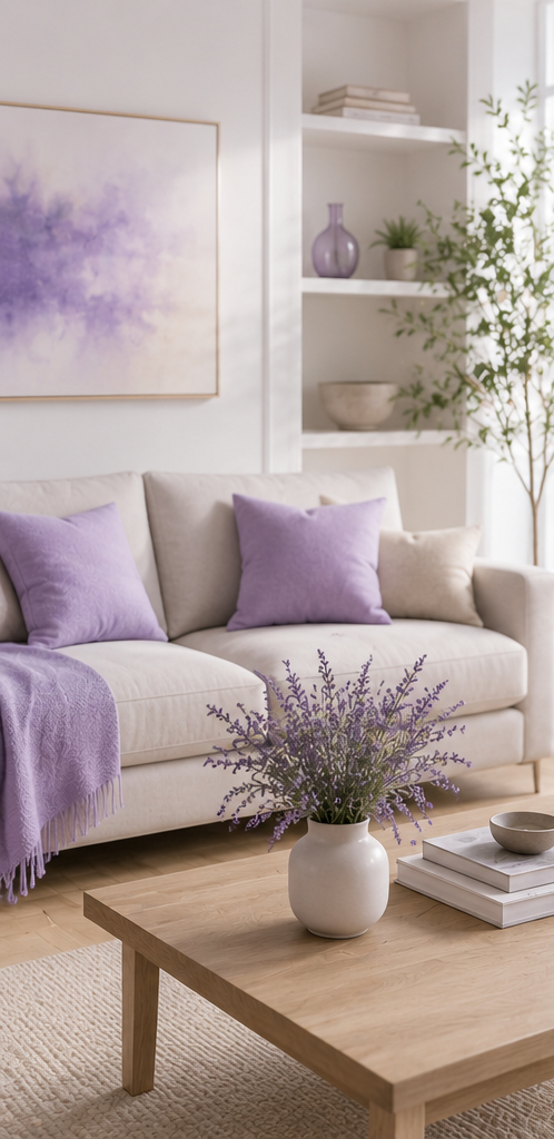 Modern living room with lavender pillows and matching art