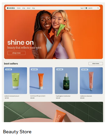 Two women embrace holding skincare products, shine on text, Beauty Store - Wix Studio Template.