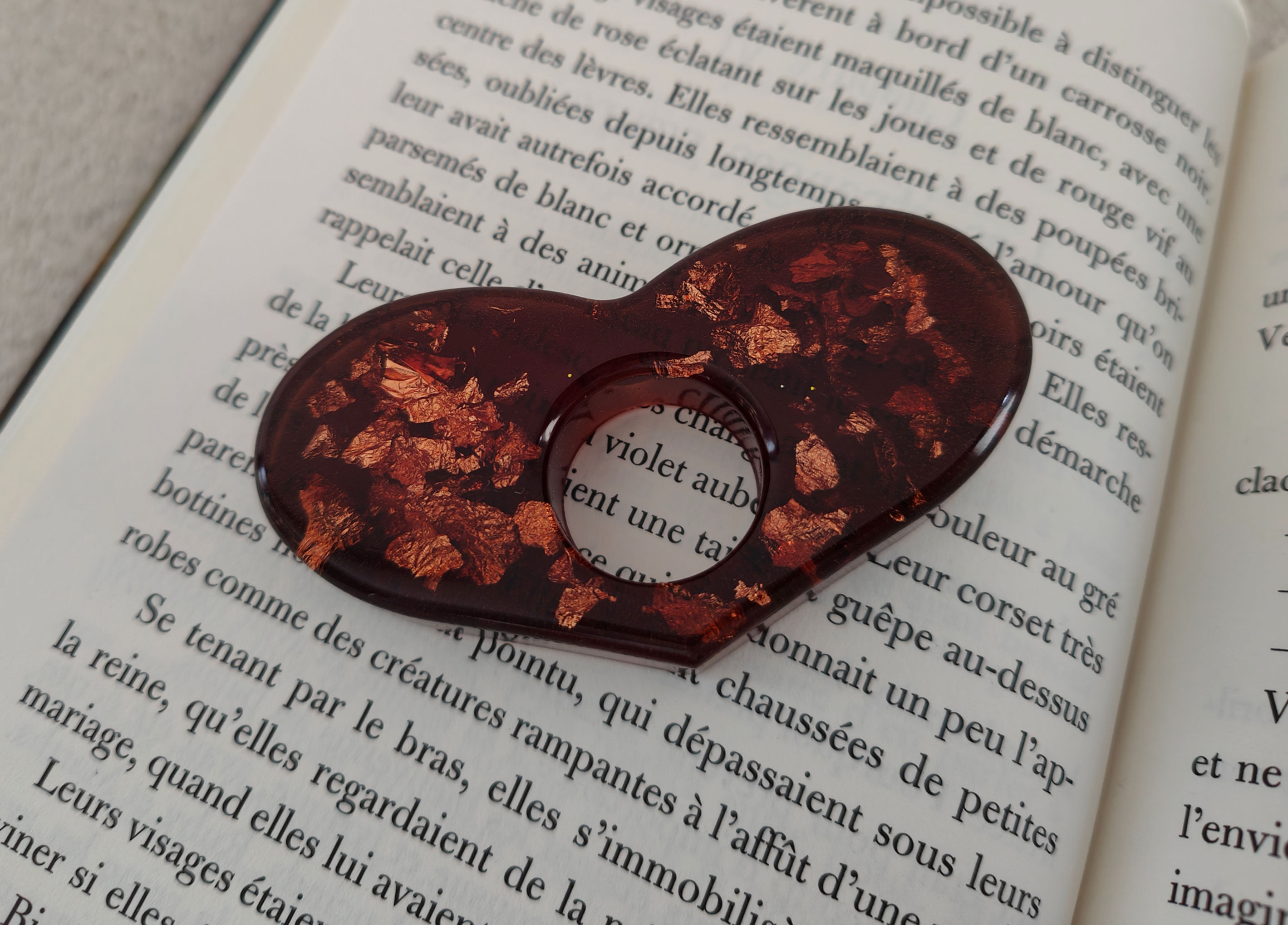 Bague de lecture cœur brune et dorée