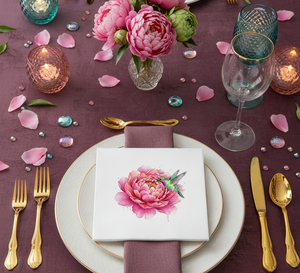 “Hummingbird Peony Kiss” Floral Napkins