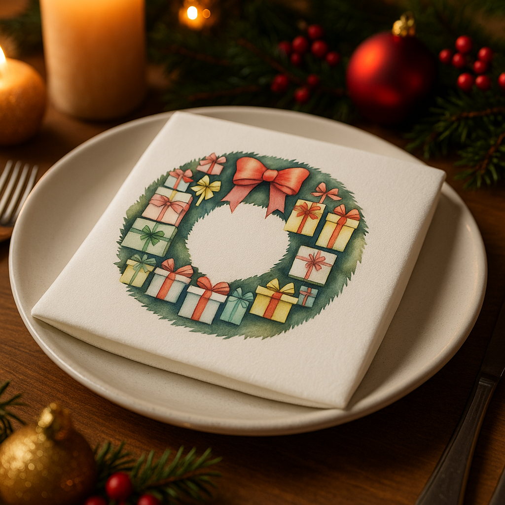 "Festive Gift Wreath" Napkins – A Celebration of Giving!