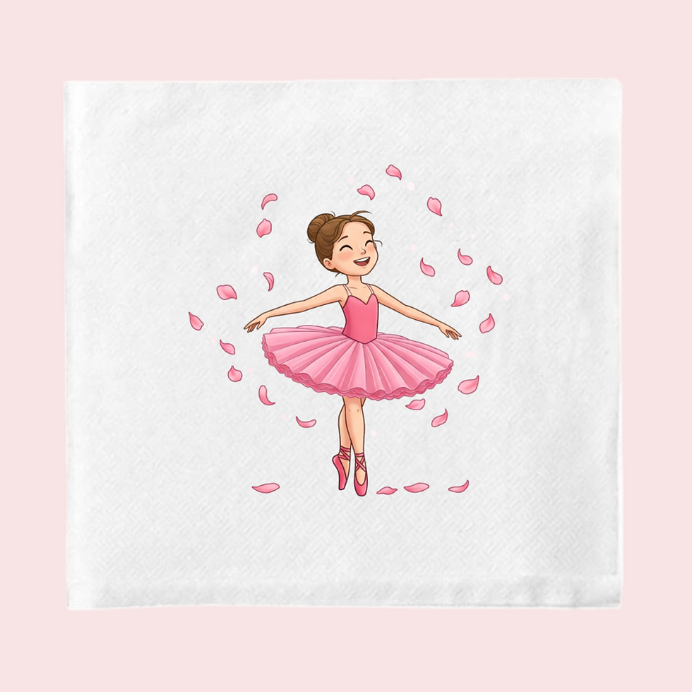 Ballerina in pink tutu surrounded by petals – Petal Pirouette napkin
