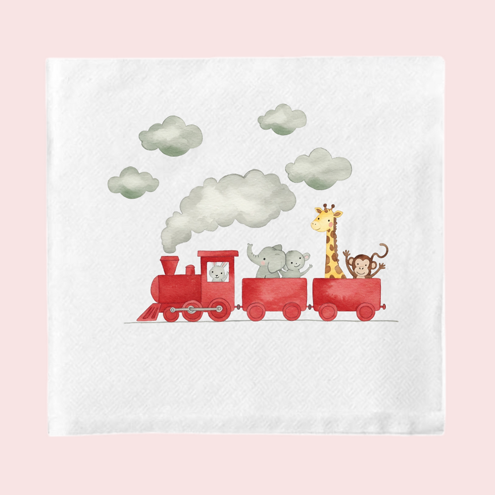 Red train with giraffe and clouds – All Aboard Animal Train napkin
