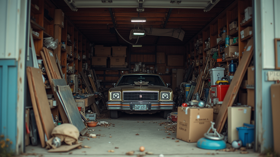 Eye-level view of a cluttered garage filled with various junk items