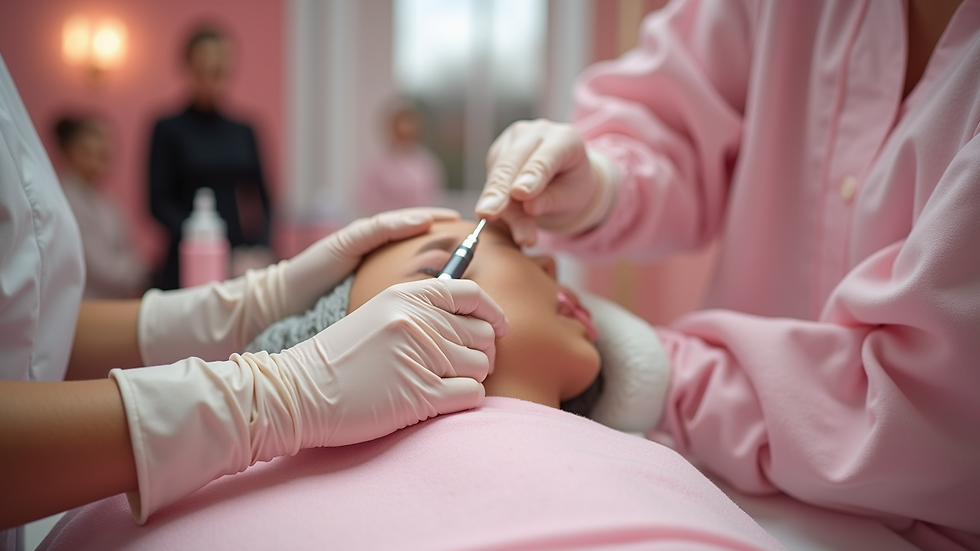 Eye-level view of a beauty salon station with eyebrow tinting supplies