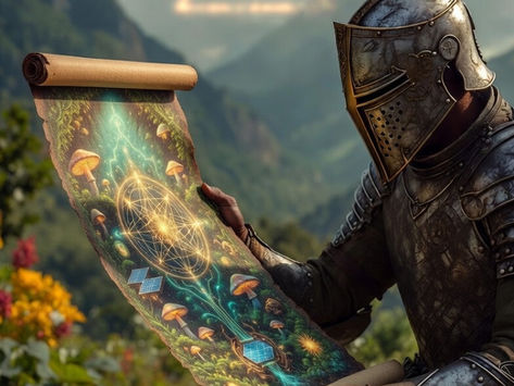 A knight kneels and gazes upon a scroll with sacred geometry, solar themes, and mushrooms