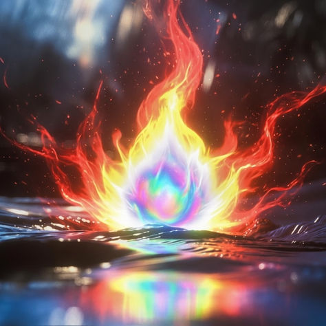 An alchemical flame on the surface of water. Iridescent in the core with layers of white, yellow, and red. symbolizing the inner alchemy process.