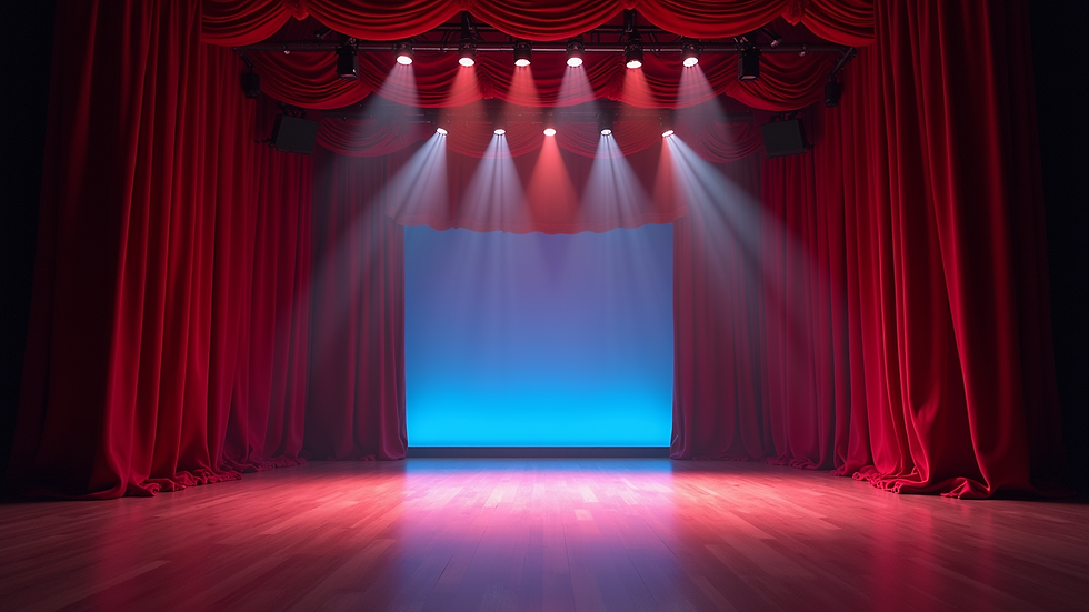 Eye-level view of a vibrant stage set for a theatrical performance