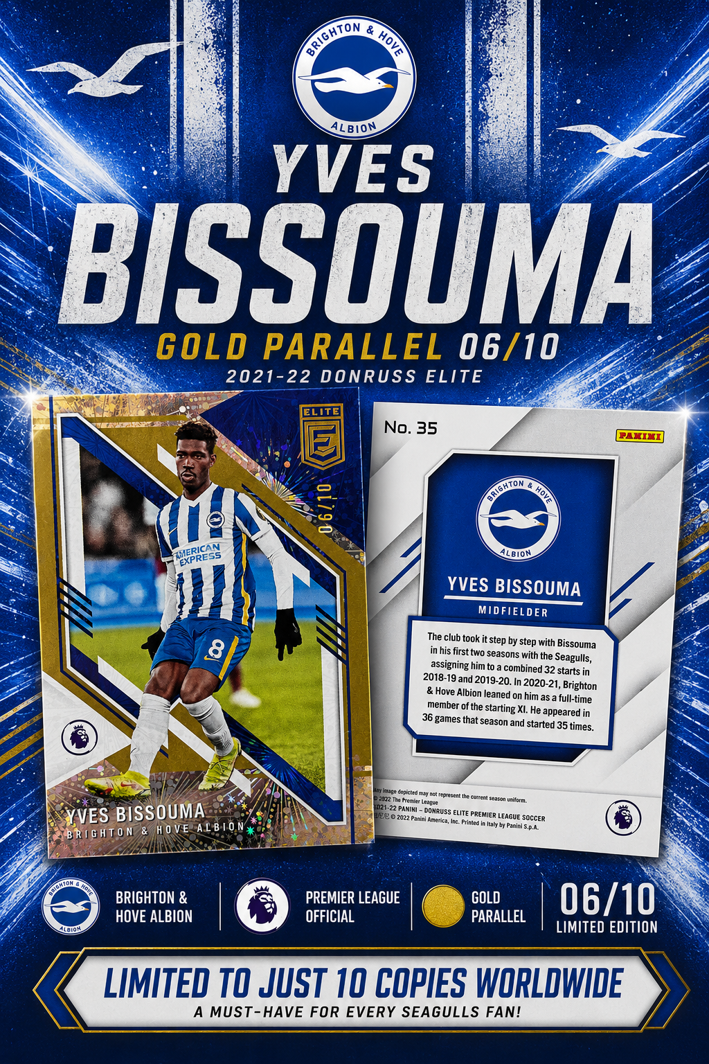 Yves Bissouma 06/10 Gold Donruss Elite 2021-22 Brighton & Hove Albion