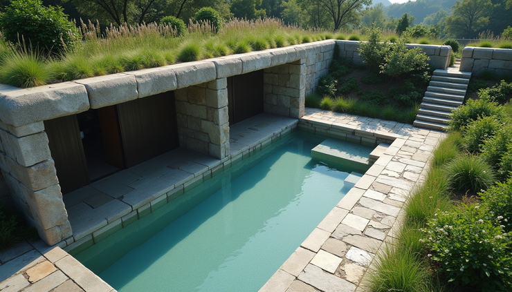 High angle view of a modern communal bath with natural stone and plants