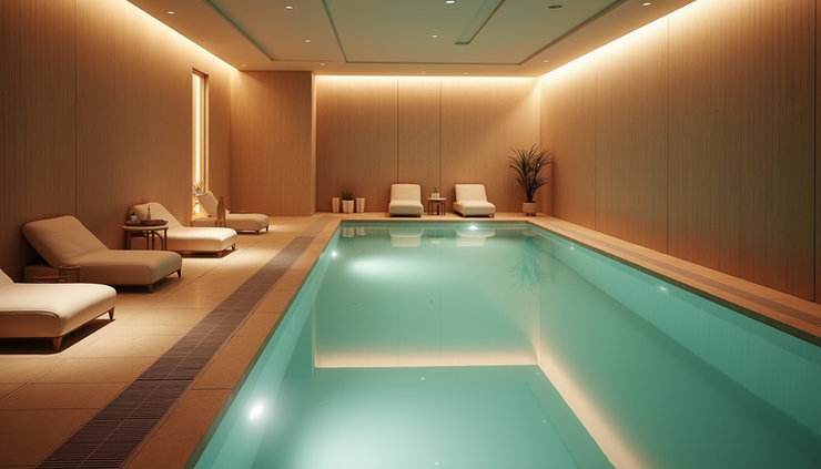 High angle view of a modern bathhouse lounge area with comfortable seating and soft lighting