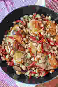 Chicken and white bean one skillet meal recipe with thyme and sun-dried tomatoes