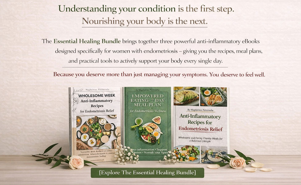 Three anti-inflammatory eBooks on endometriosis relief are displayed with flowers. Text emphasizes understanding and nourishing the body for women living with endometriosis and struggling with everyday symptoms.