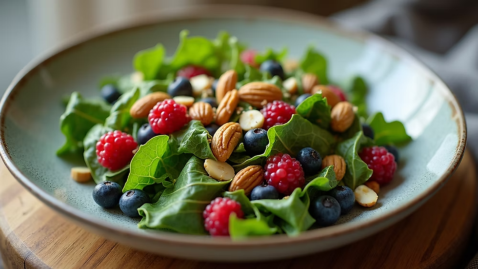 Bowl of anti-inflammatory foods for endometriosis - leafy greens, berries and almonds for natural pain relief