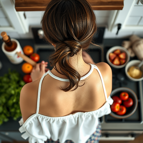 view from above of a brunette woman from behind cooking hormone friendly treats.png