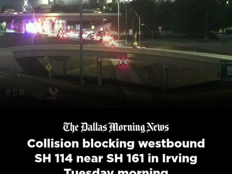 TxDOT traffic camera view of westbound SH 114 at SH 161 in Irving after an early Tuesday collision