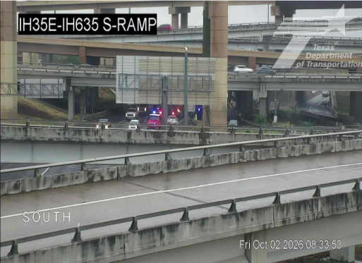 TxDOT traffic camera still of emergency response on I-35E near I-635 interchange in Farmers Branch Friday morning Oct 2 2026
