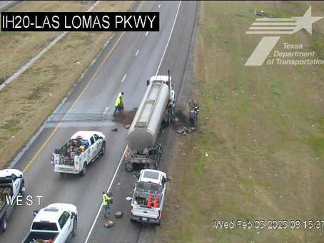 WB I-20 was closed this morning after a semi-truck was sideswiped by another vehicle, spilling fuel on the road.