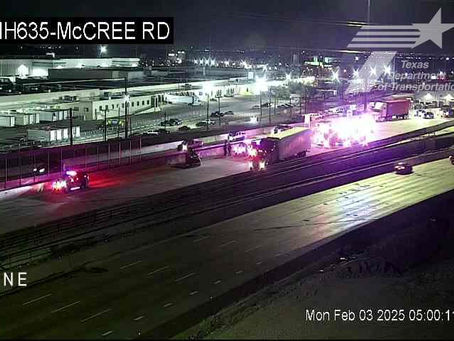 Early morning accident with 18-wheeler closes traffic on IH-635 near McCree Rd in Garland, TX.
