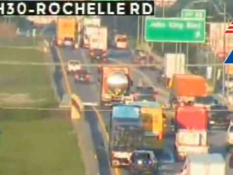 Big Rig with trailer rear-ends Dart Bus in Rockwall, TX