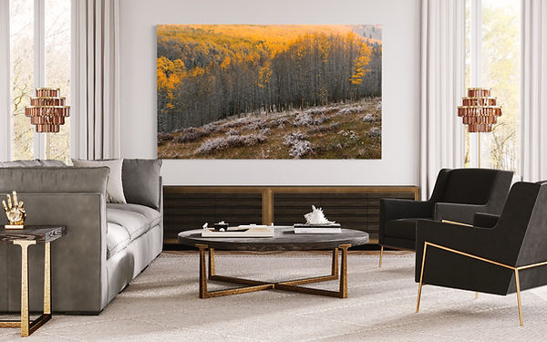 A living room with art on the wall.
