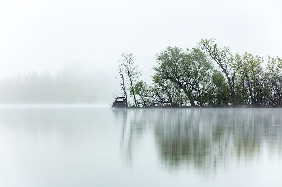 Foggy lake scene with trees and a wooden structure on the shore. Reflective, tranquil water creates a serene, misty atmosphere.