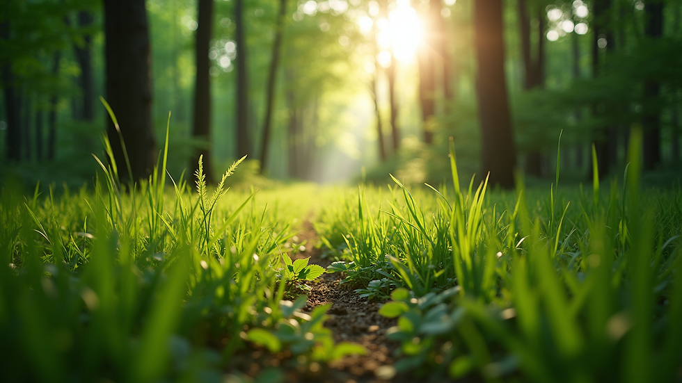 Eye-level view of a lush green forest with sunlight filtering through the leaves