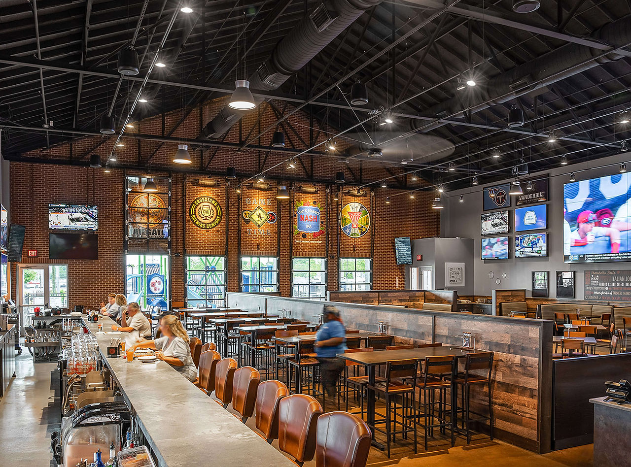 Renovated BoomBozz restaurant interior in East Nashville completed by Vision Building Group