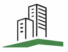 Outline of two buildings on green base