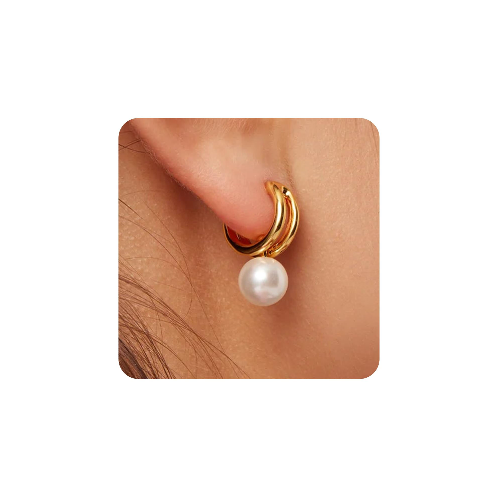 MOODEAR Trendy Freshwater Pearl Earrings - Dainty 14k Gold Plated Small Double H